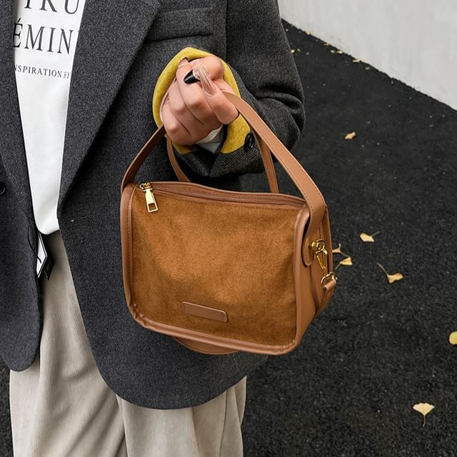 Indenis-Top Handle Plain Faux Suede Crossbody Bag