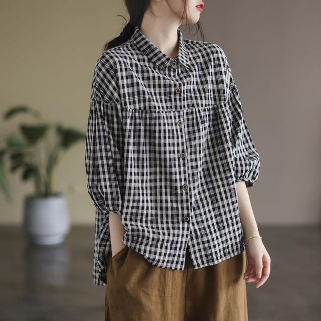 INEN-34-Sleeve Collared Plaid Button Up Shirt
