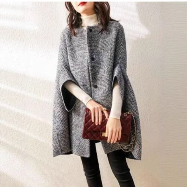 INEN-34-Sleeve Crew Neck Houndstooth Button-Up Coat