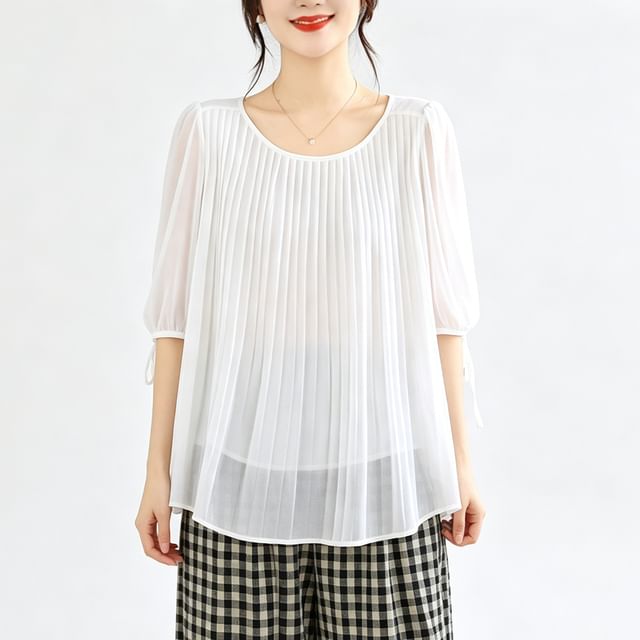 INEN-34-Sleeve Crew Neck Plain Pleated Sheer Blouse