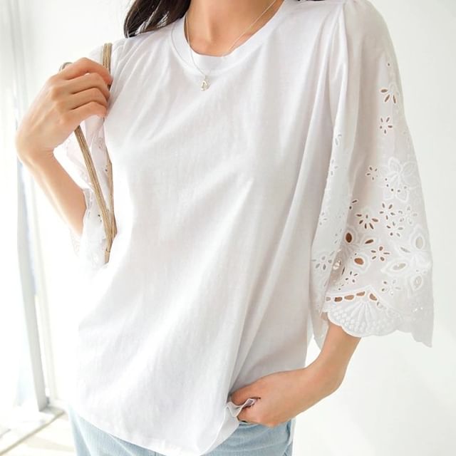 INEN-34-Sleeve Crewneck Perforated Plain Blouse
