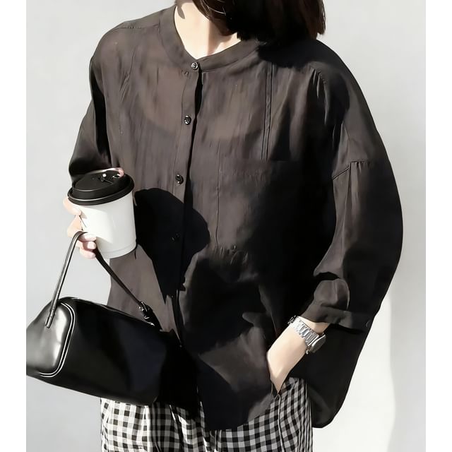 INEN-34-Sleeve Stand Collar Button-Up Plain Sheer Blouse