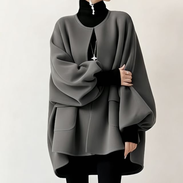 INEN-Balloon Sleeve Round Neck Two Tone Jacket