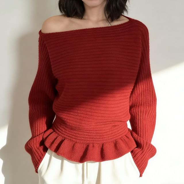 INEN-Boat Neck Plain Ribbed Knit Sweater