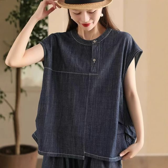 INEN-Cap-Sleeve Half Buttoned Denim Top