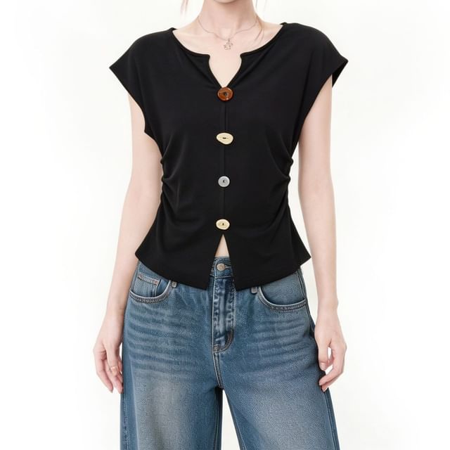 INEN-Cap-Sleeve Notched Buttoned Crop Top