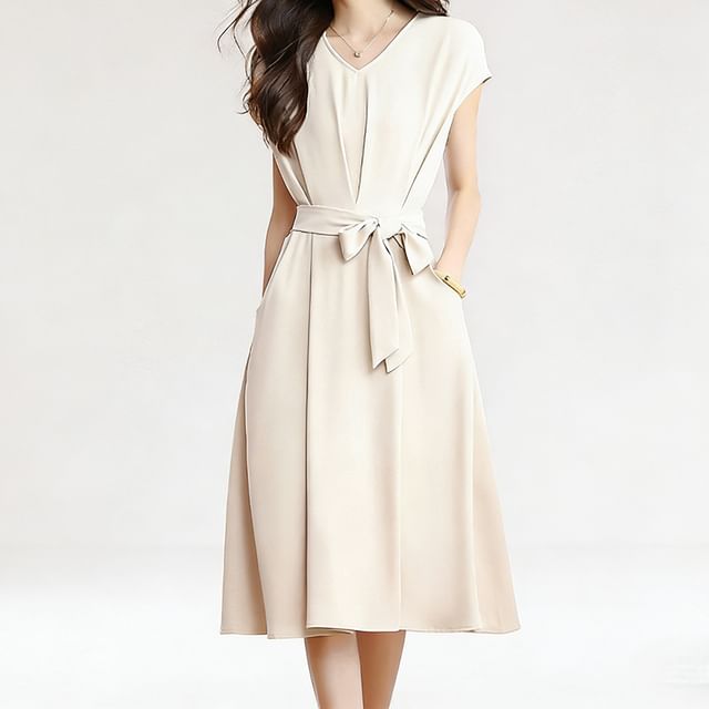 INEN-Cap-Sleeve V-Neck Plain A-Line Dress