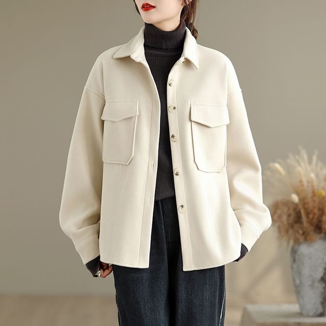 INEN-Collar Plain Pocket Detail Button Jacket