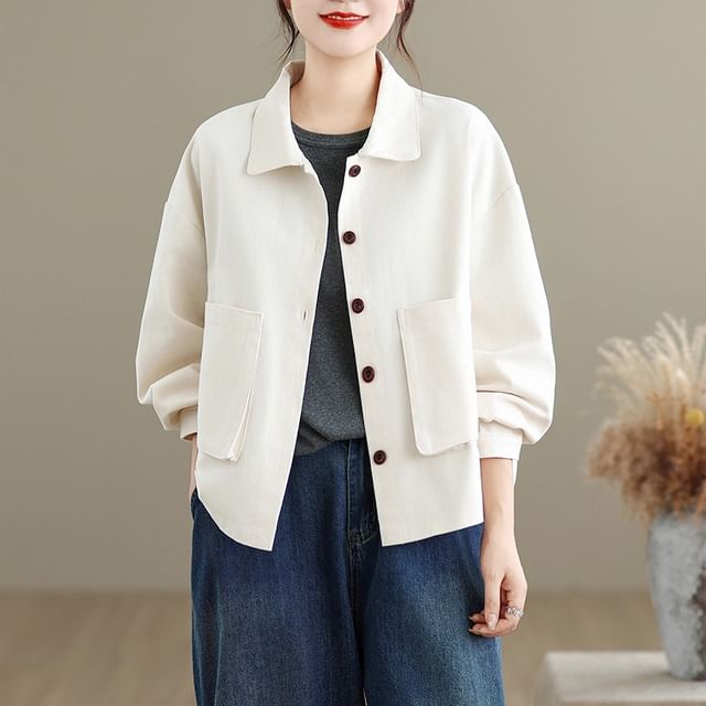 INEN-Collared Button-Up Plain Cargo Jacket