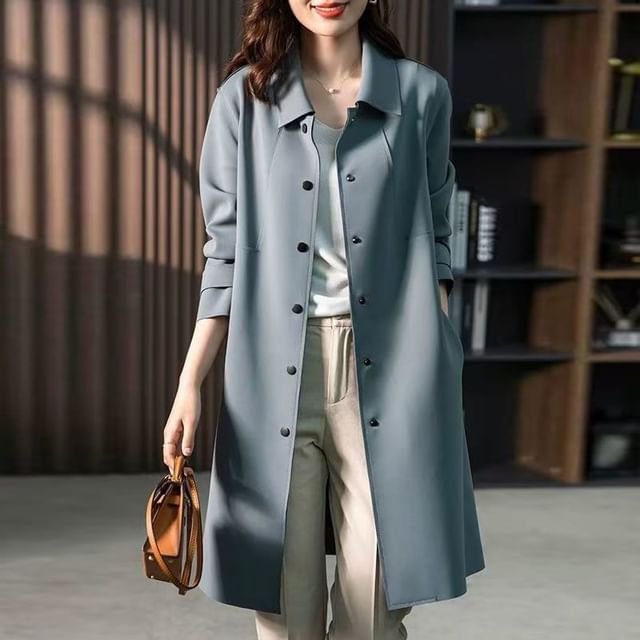 INEN-Collared Button-Up Plain Long Trench Coat