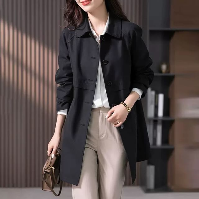 INEN-Collared Button-Up Plain Long Trench Coat