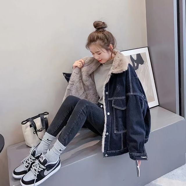 INEN-Collared Fleece Lined Button Up Jacket