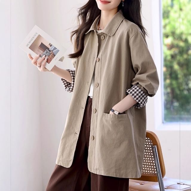 INEN-Collared Gingham Panel Button-Up Trench Coat
