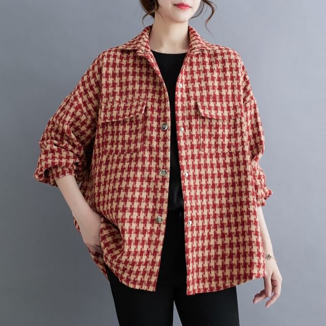 INEN-Collared Houndstooth Button Up Oversized Jacket