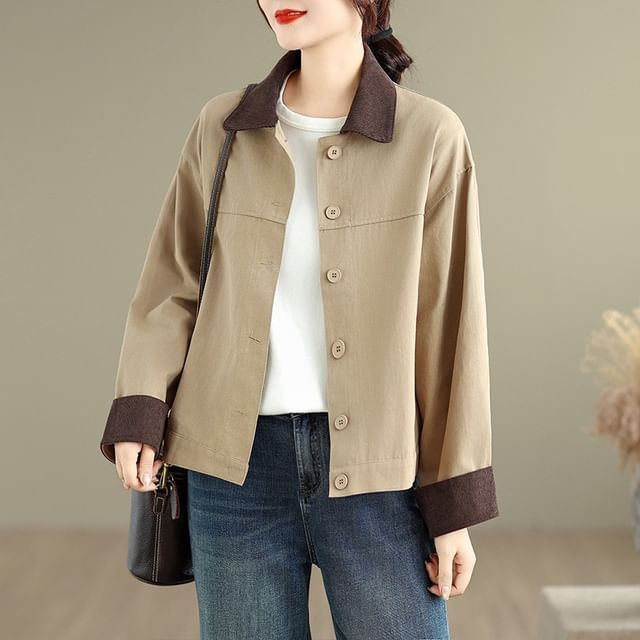 INEN-Collared Two Tone Button-Up Jacket