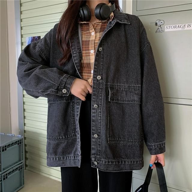 INEN-Collared Washed Denim Button Up Jacket