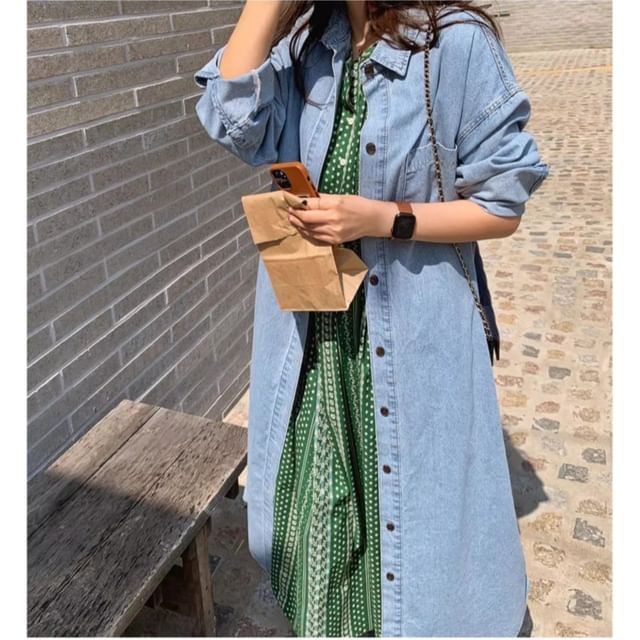 INEN-Collared Washed Denim Trench Jacket