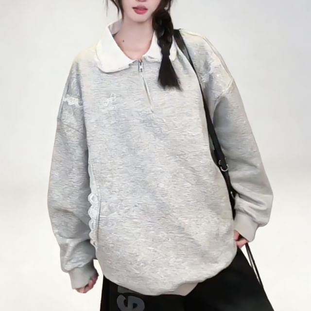 INEN-Contrast Collar Half Zip Panel Lace Sweatshirt