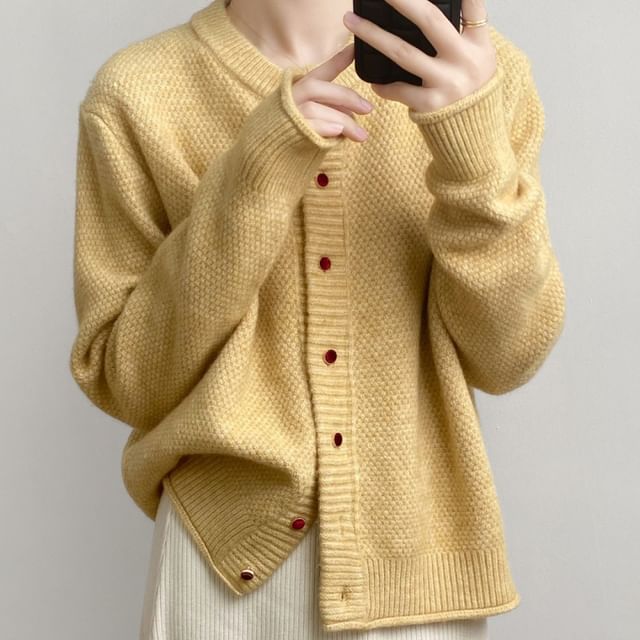 INEN-Crew Neck Button-Up Plain Cardigan