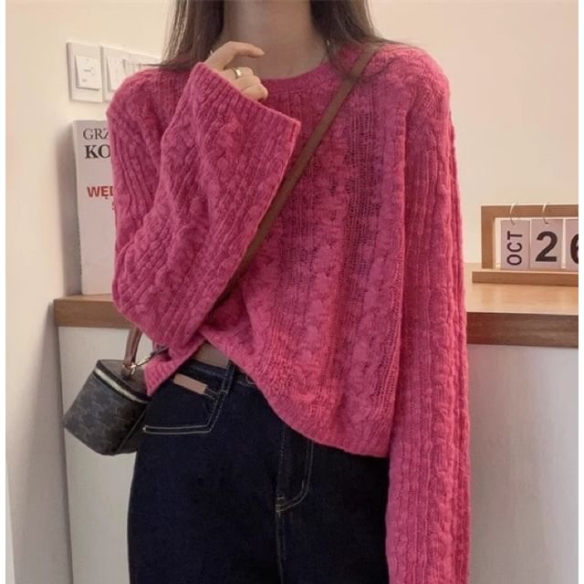 INEN-Crew Neck Plain Cable Knit Sweater