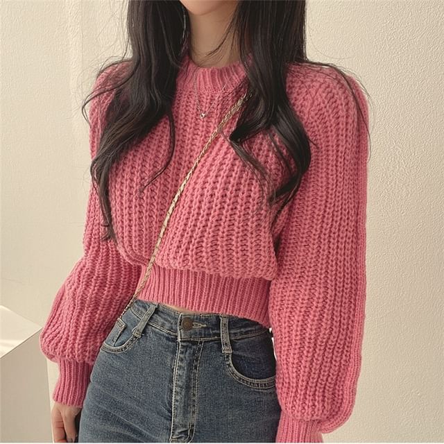 INEN-Crew Neck Plain Chunky Knit Crop Sweater