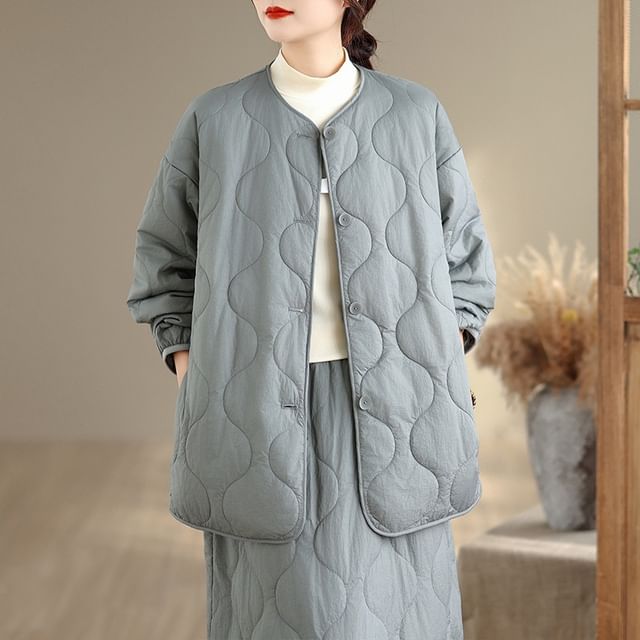 INEN-Crew Neck Quilted Button-Up Plain Jacket