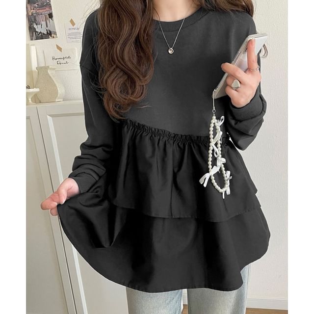 INEN-Crew Neck Ruffle Trim Panel Pullover
