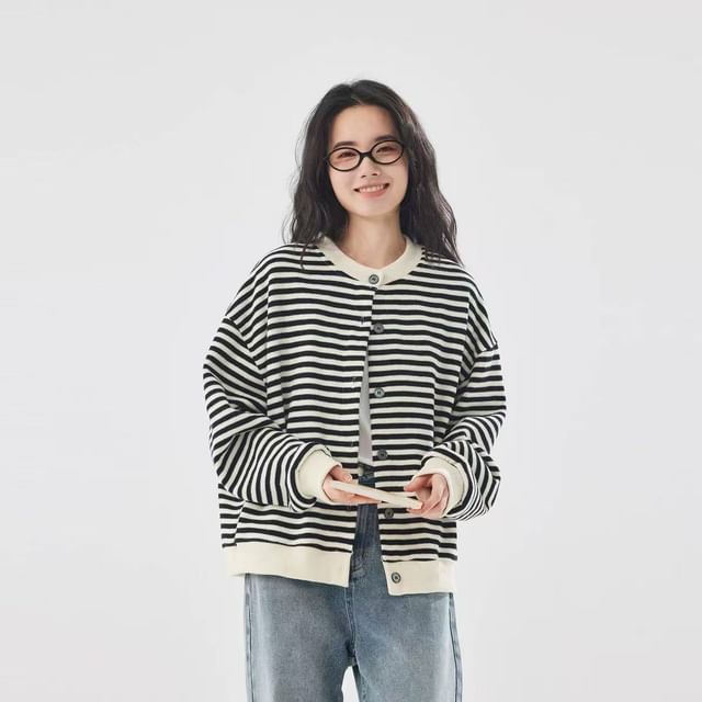 INEN-Crew Neck Striped Contrast Trim Button-Up Cardigan