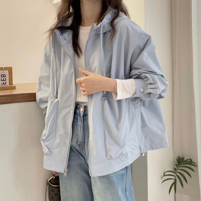 INEN-Drawstring Hooded Zip-Up Plain Jacket