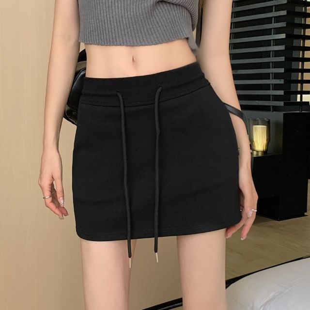 INEN-Drawstring Waist Plain Mini A-Line Skirt