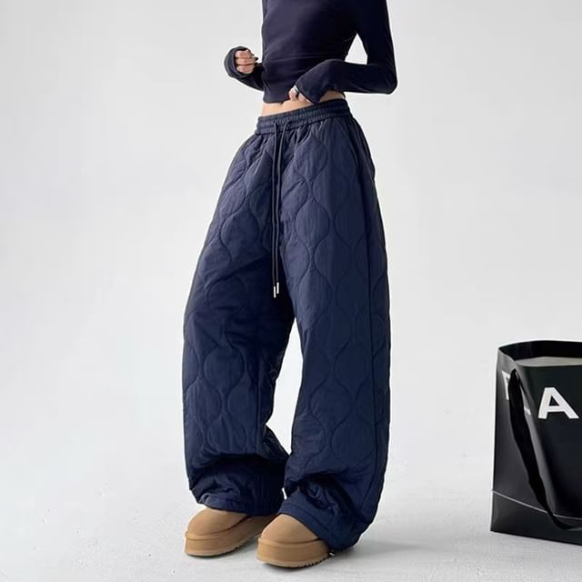 INEN-Drawstring Waist Plain Quilted Baggy Pants