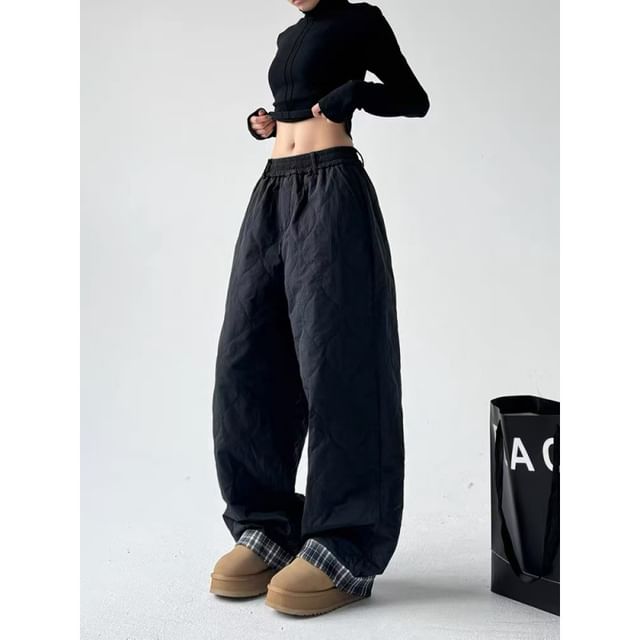INEN-Elastic Waist Plaid Panel Padded Baggy Pants