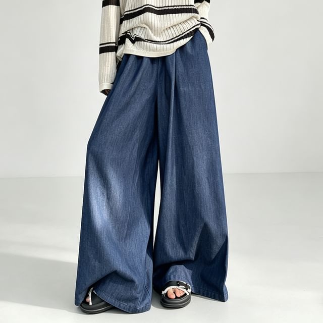 INEN-Elastic Waist Plain Wide Leg Jeans