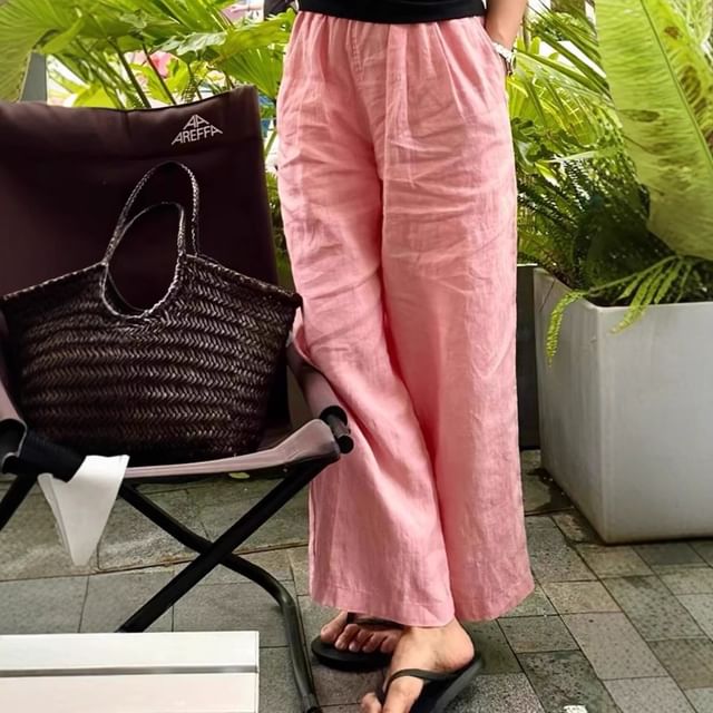 INEN-Elastic Waist Plain Wide Leg Pants