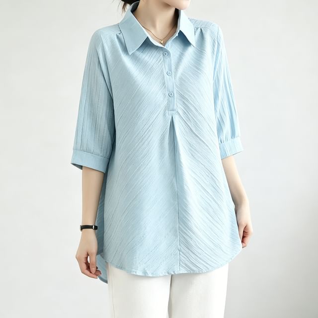 INEN-Elbow-Sleeve Collared Plain Blouse