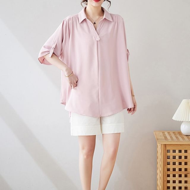 INEN-Elbow Sleeve Collared V-Neck Plain Blouse