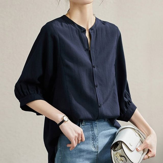 INEN-Elbow-Sleeve Plain Button-Up Blouse