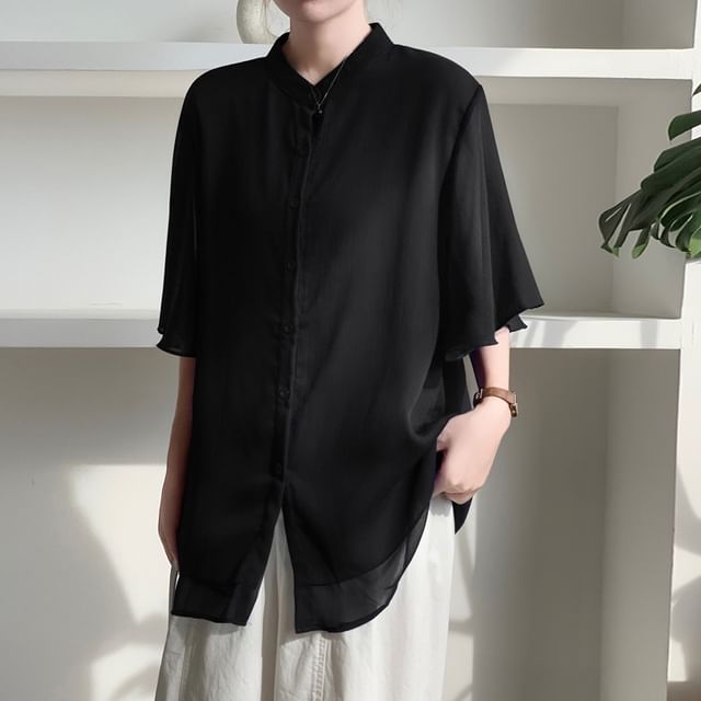 INEN-Elbow-Sleeve Sheer Plain Shirt