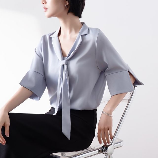 INEN-Elbow-Sleeve Tie Neck Plain Shirt