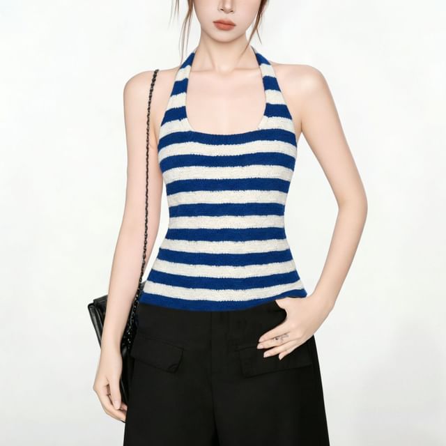 INEN-Halter Neck Breton Stripe Crop Top