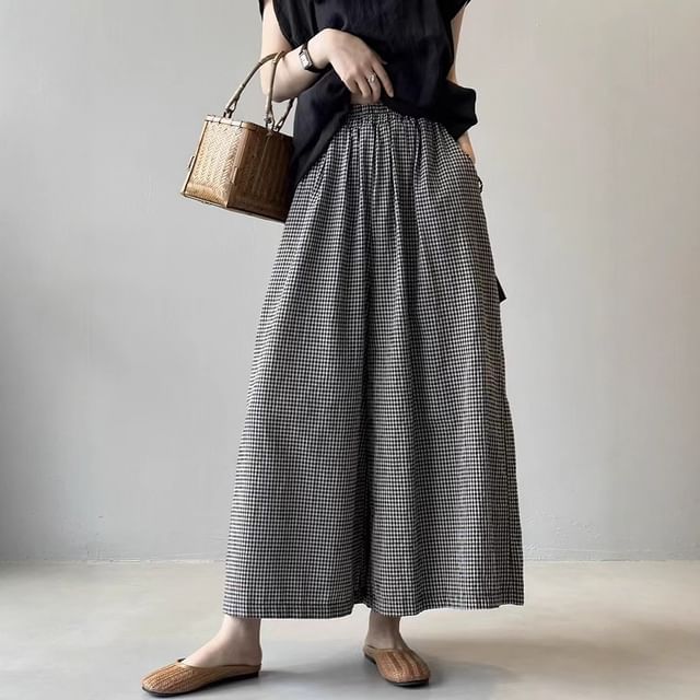 INEN-High Rise Plaid Wide Leg Pants