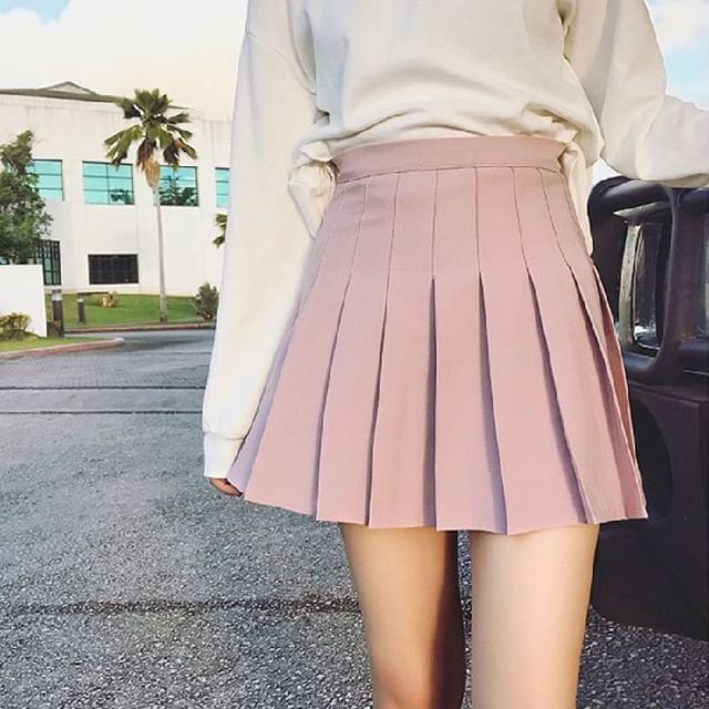 INEN-High Waist Plain Mini Pleated Skirt