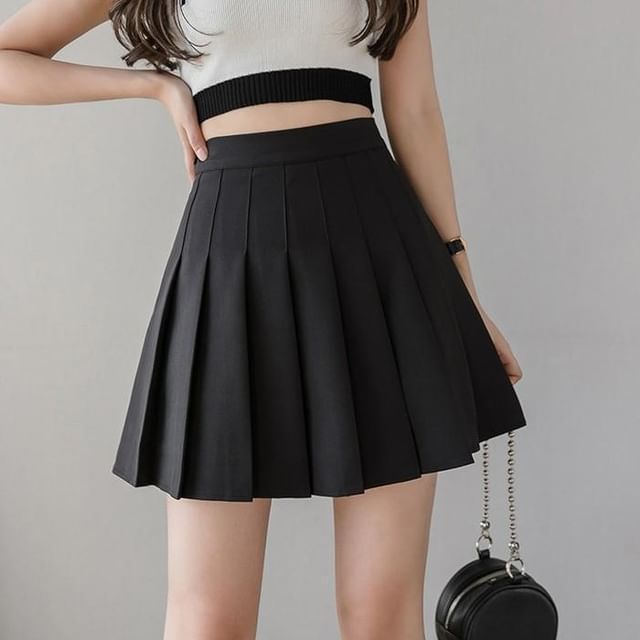 INEN-High Waist Plain Mini Pleated Skirt