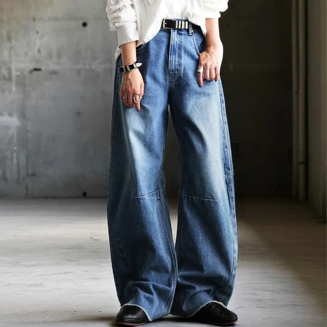 INEN-High Waist Washed Baggy Jeans