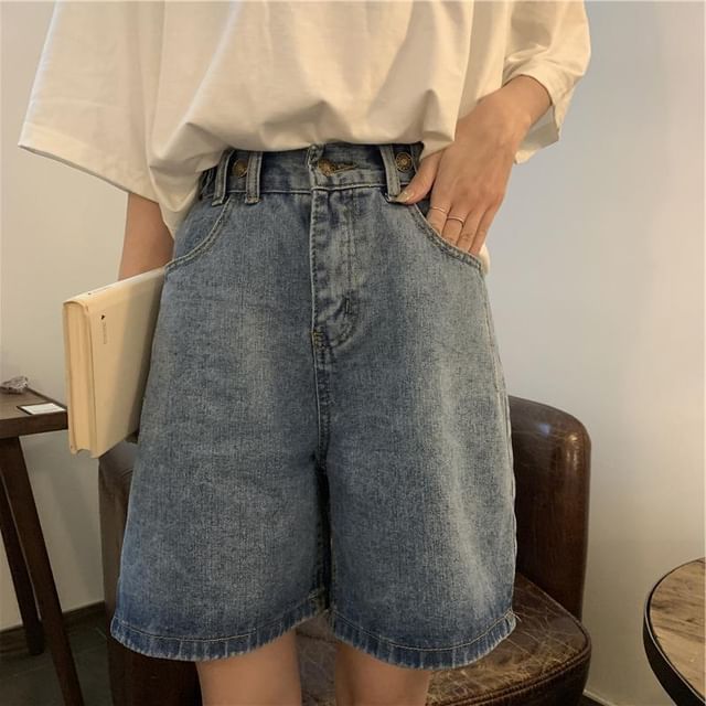 INEN-High Waist Washed Denim Shorts