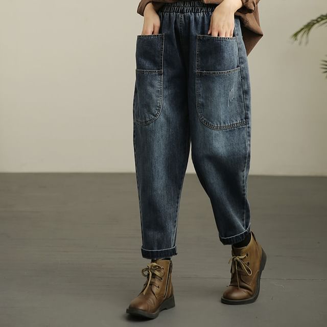 INEN-High Waist Washed Tapered Jeans