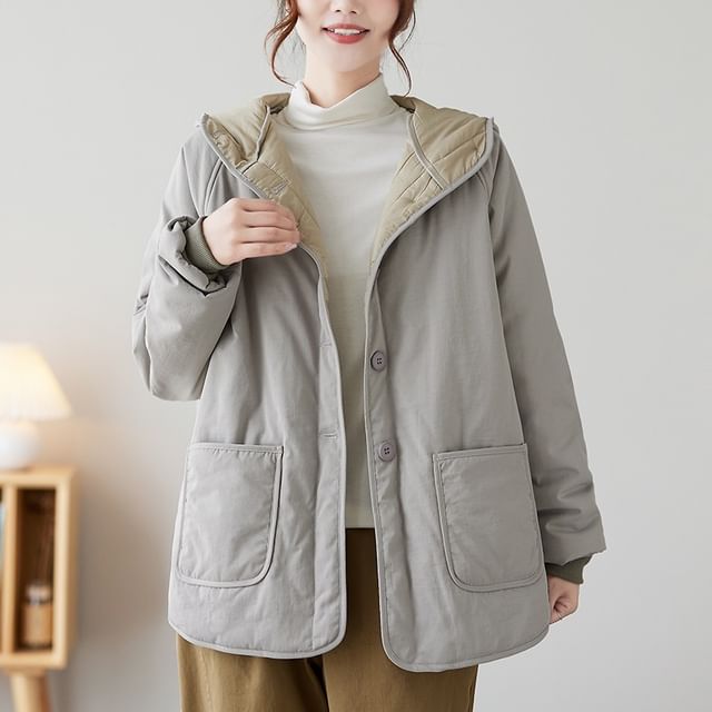 INEN-Hooded Padded Button-Up Plain Jacket