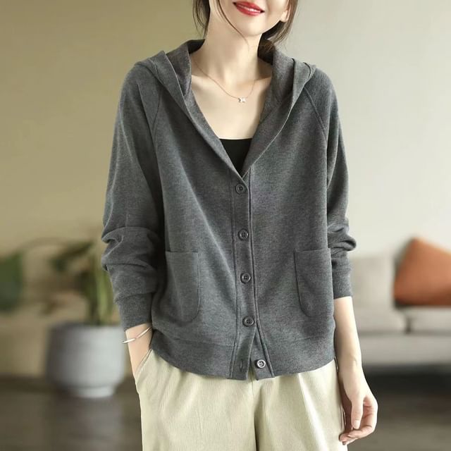INEN-Hooded Plain Button Up Jacket