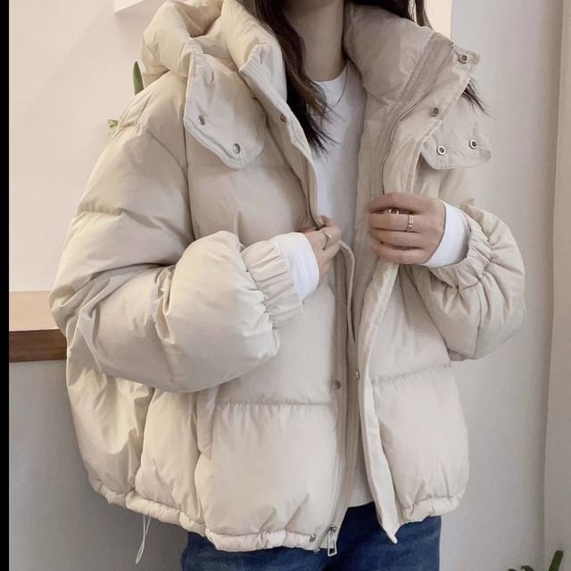INEN-Hooded Plain Puffer Jacket