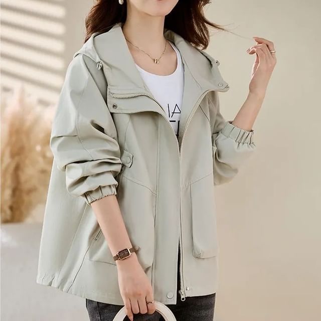 INEN-Hooded Plain Zip Jacket